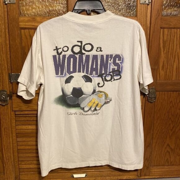 Dont Send A Man Graphic Soccer T-Shirt Womens L Big Ball Sports 100% Cotton Whit - Picture 4 of 5